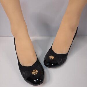 Tory Burch Black Leather Jolie Wedge Cap Toe Pumps 8.5